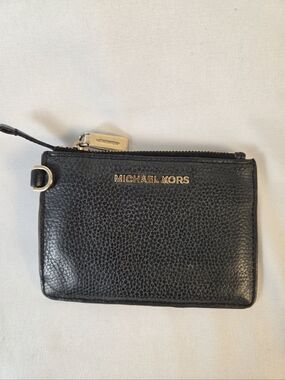 Michael Kors Black Pebbled Leather Zip Card Wallet with Gold Hardware